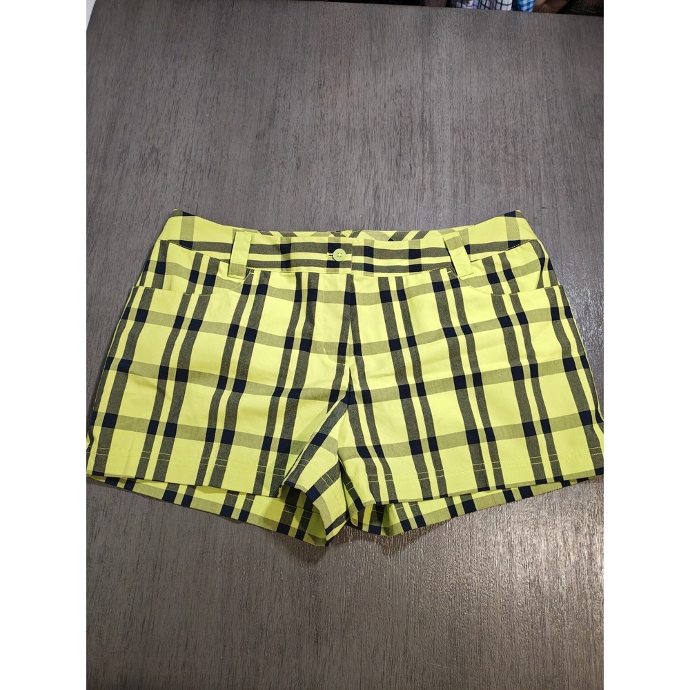 Adidas Woman's neon green and navy plaid Golf Shorts Size 12